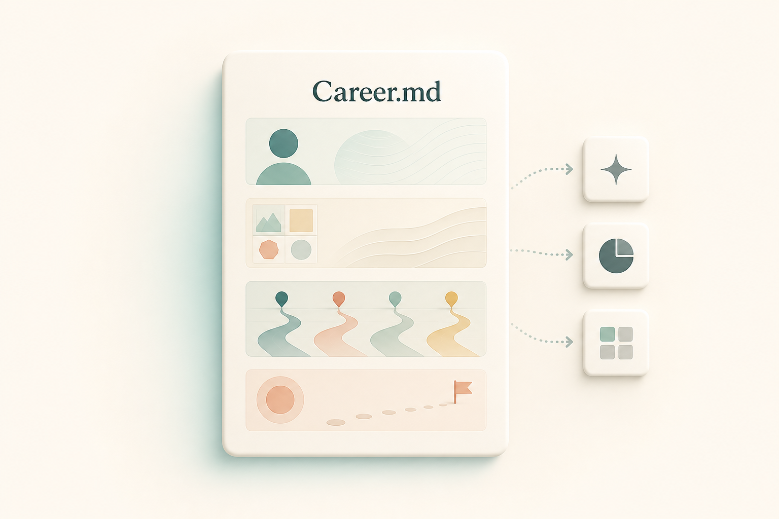 Illustration of a portable Career.md profile with four career paths and handoff tools
