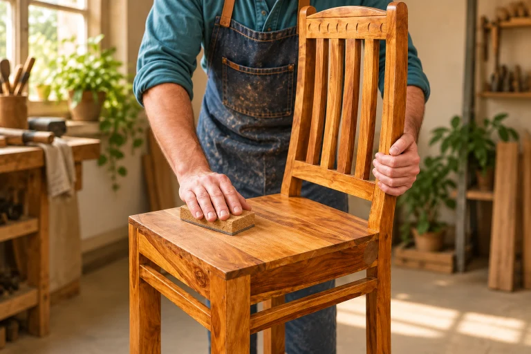 Illustrative hands sanding a wooden chair during furniture restoration