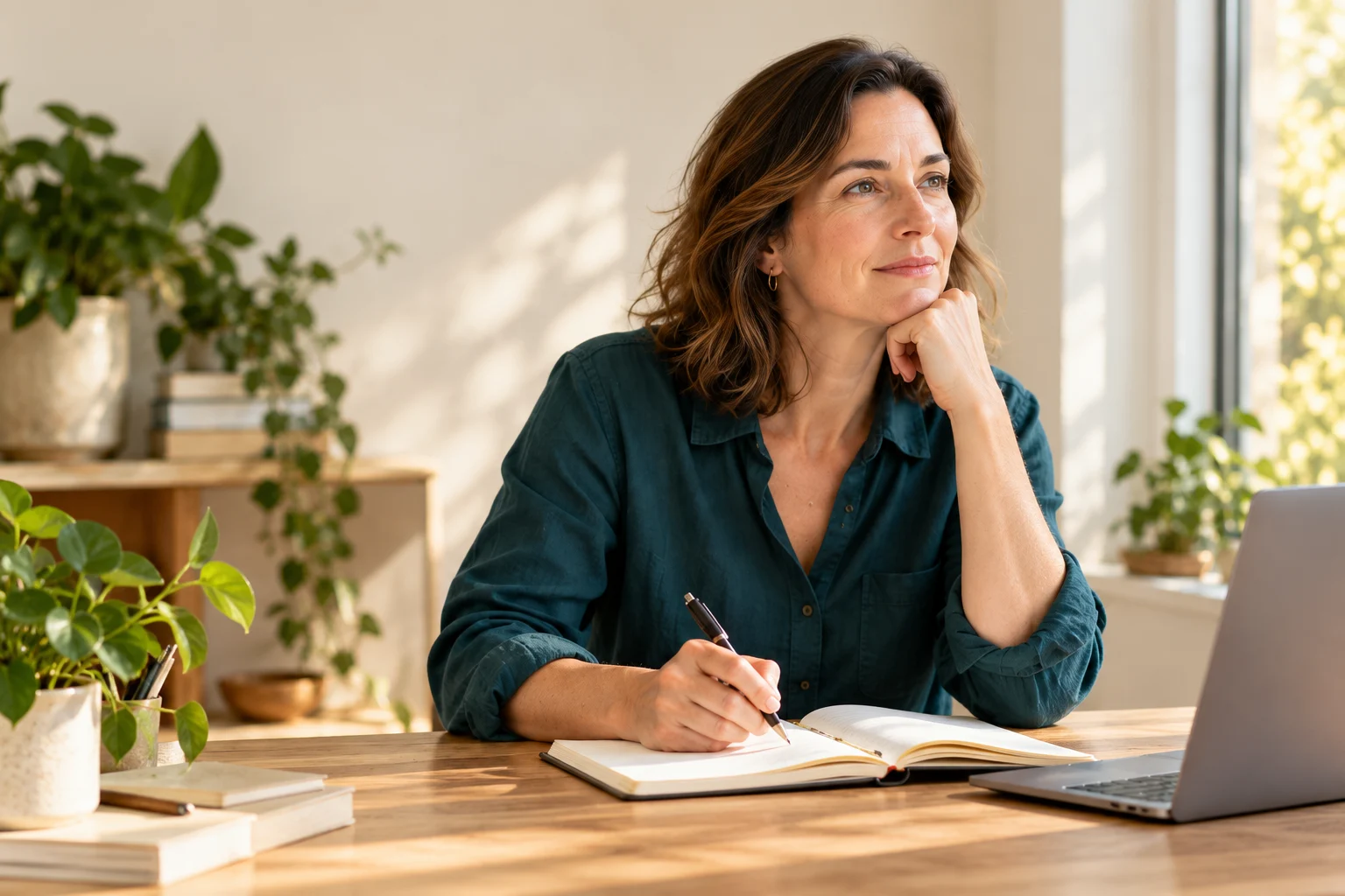 Illustrative professional considering her next career move at a sunlit desk