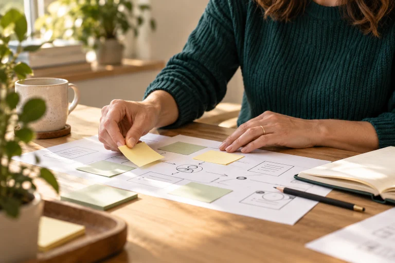 Illustrative hands organising service-design research notes