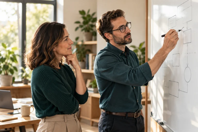 Illustrative colleagues discussing an implementation plan at a whiteboard